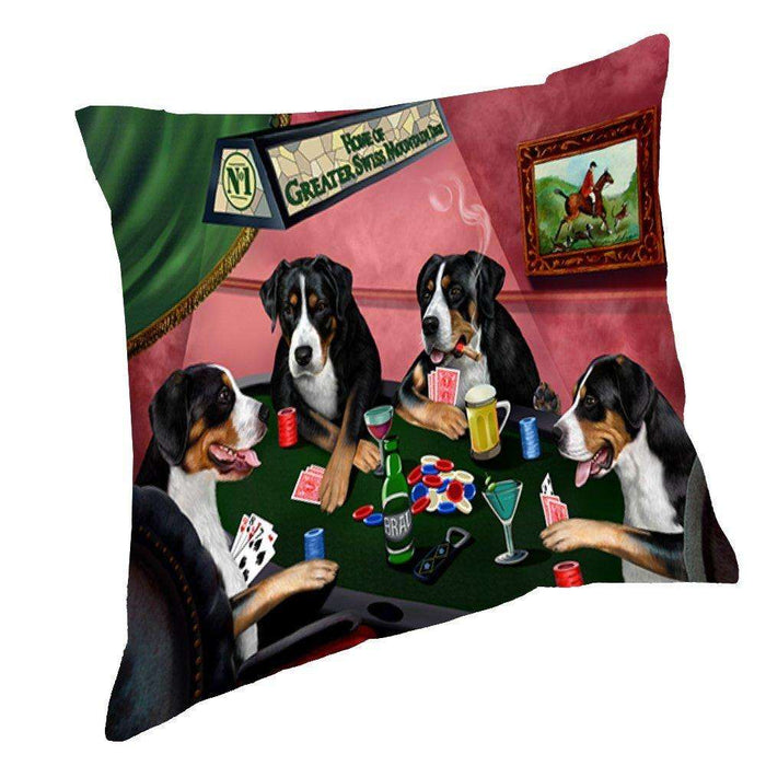Home of Greater Swiss Mountain 4 Dogs Playing Poker Throw Pillow