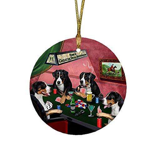 Home of Greater Swiss Mountain 4 Dogs Playing Round Christmas Ornament
