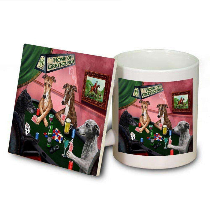 Home of Greyhounds 4 Dogs Playing Mug and Coaster Set