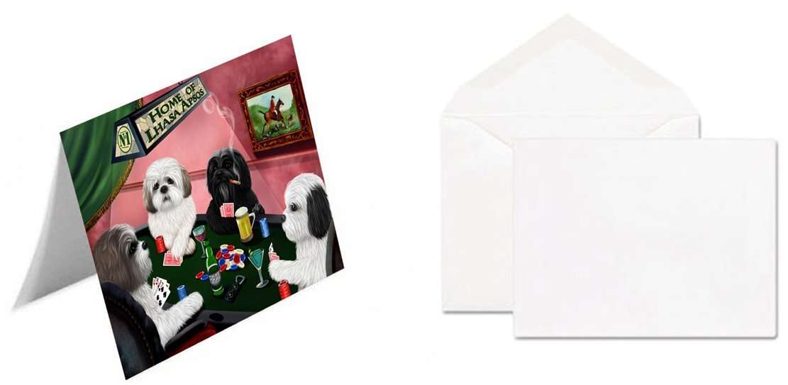 Home of Lhasa Apso 4 Dogs Playing Poker Handmade Artwork Assorted Pets Greeting Cards and Note Cards with Envelopes for All Occasions and Holiday Seasons