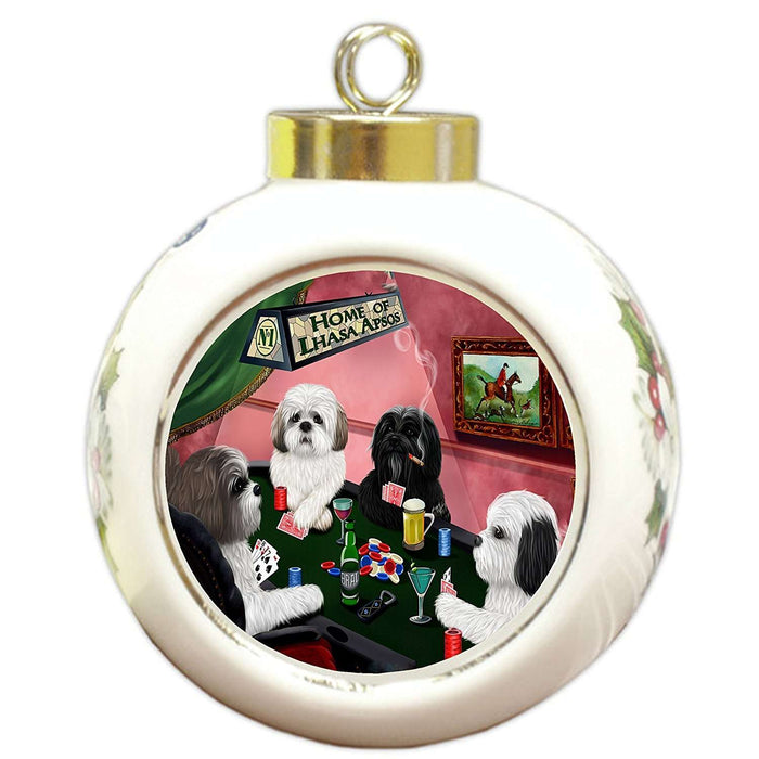 Home of Lhasa Apso 4 Dogs Playing Poker Round Ball Christmas Ornament