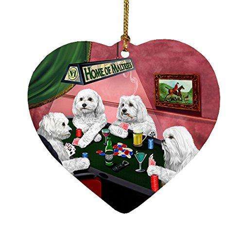 Home of Maltese 4 Dogs Playing Poker Heart Christmas Ornament