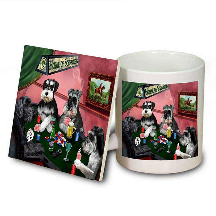 Home of Miniature Schnauzers 4 Dogs Playing Poker Mug and Coaster Set