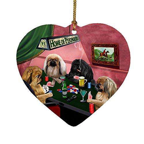 Home of Pekingese 4 Dogs Playing Poker Heart Christmas Ornament