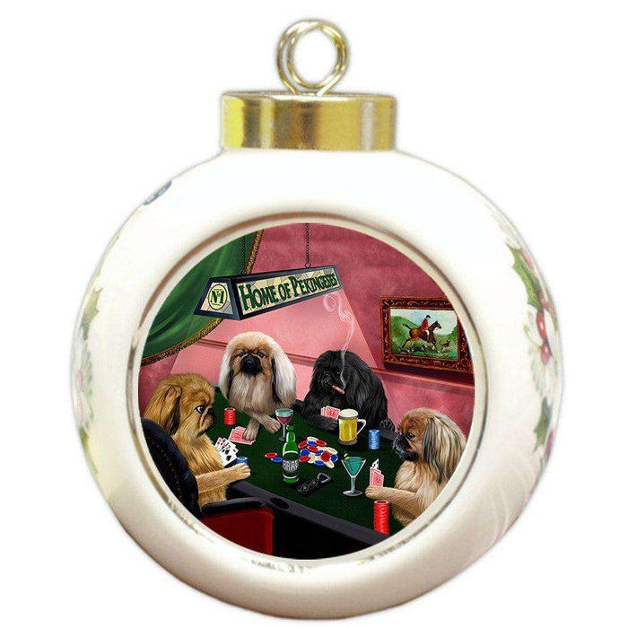 Home of Pekingese 4 Dogs Playing Poker Round Ball Christmas Ornament
