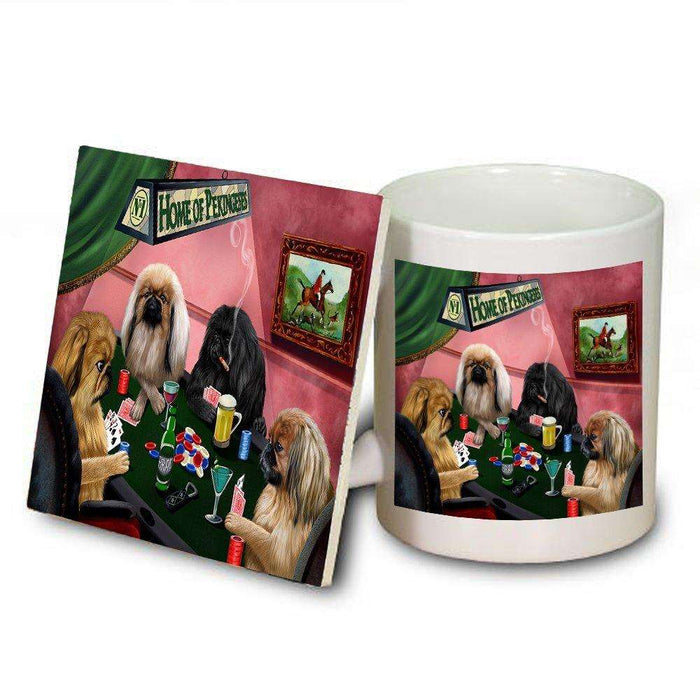 Home of Pekingeses 4 Dogs Playing Mug and Coaster Set