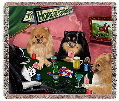 Home of Pomeranians Woven Throw Blanket 4 Dogs Playing Poker 54 X 38