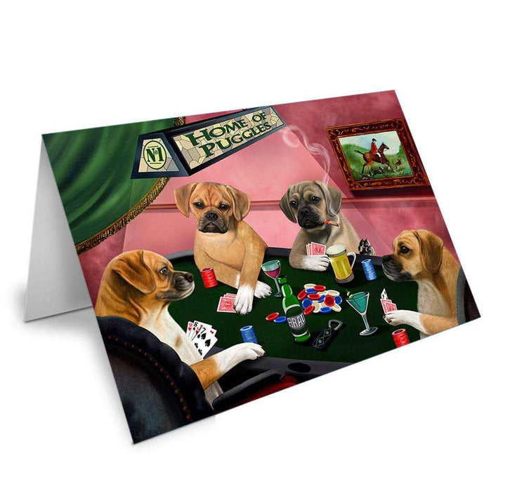 Home of Puggle 4 Dogs Playing Poker Handmade Artwork Assorted Pets Greeting Cards and Note Cards with Envelopes for All Occasions and Holiday Seasons GCD67073