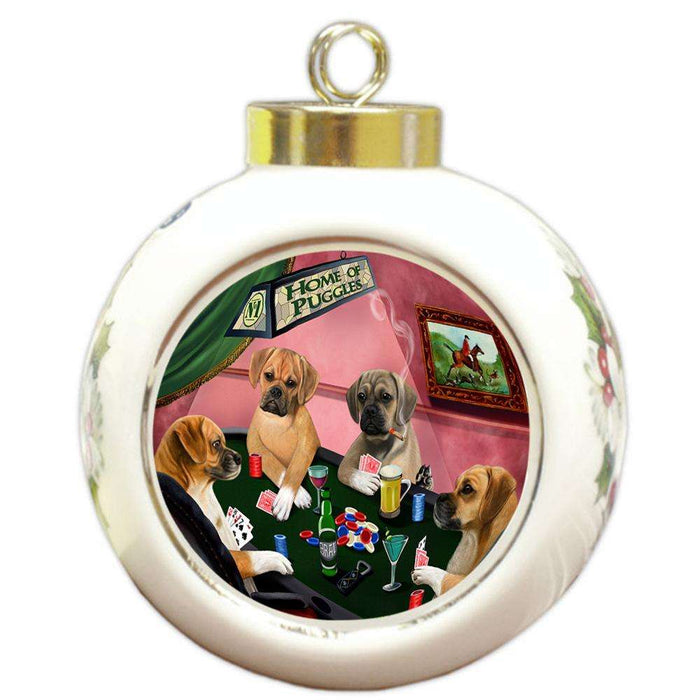 Home of Puggle 4 Dogs Playing Poker Round Ball Christmas Ornament RBPOR54348