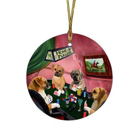 Home of Puggle 4 Dogs Playing Poker Round Flat Christmas Ornament RFPOR54339