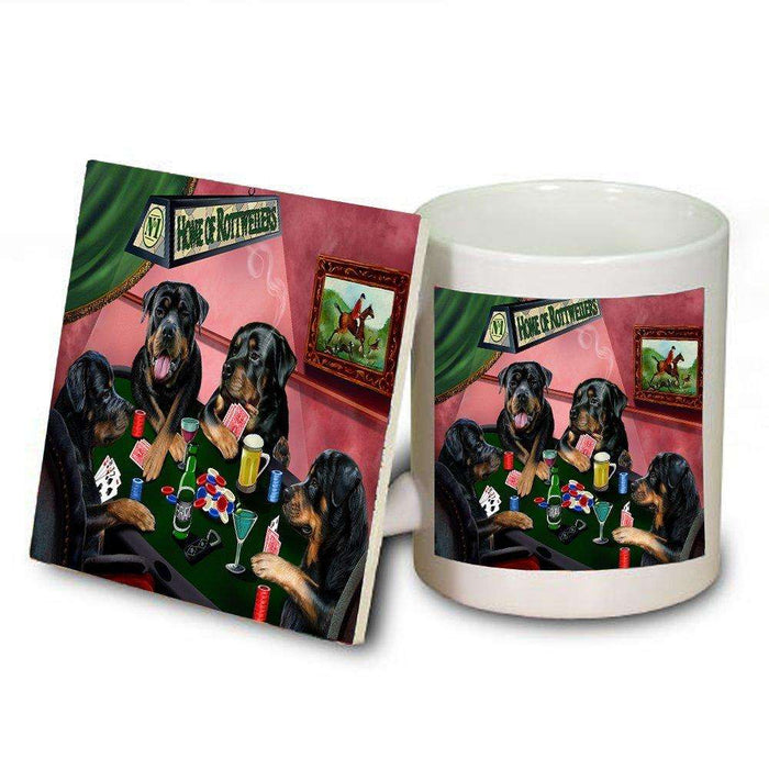 Home of Rottweiler 4 Dogs Playing Poker Mug and Coaster Set