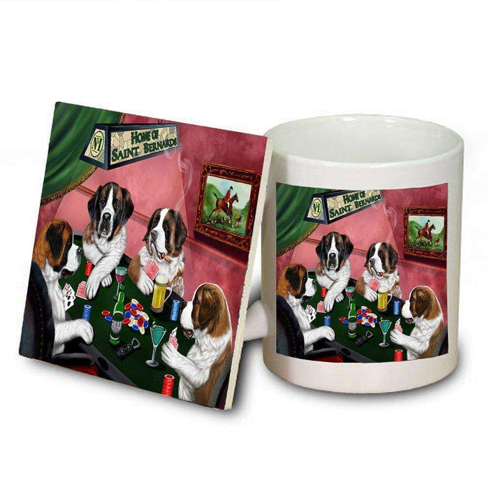 Home of Saint Bernard 4 Dogs Playing Poker Mug and Coaster Set