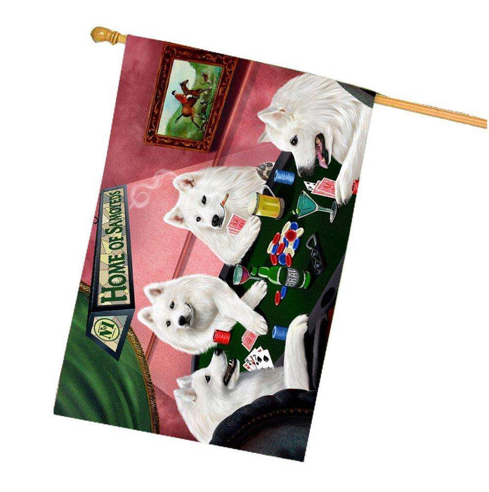 Home of Samoyed 4 Dogs Playing Poker House Flag