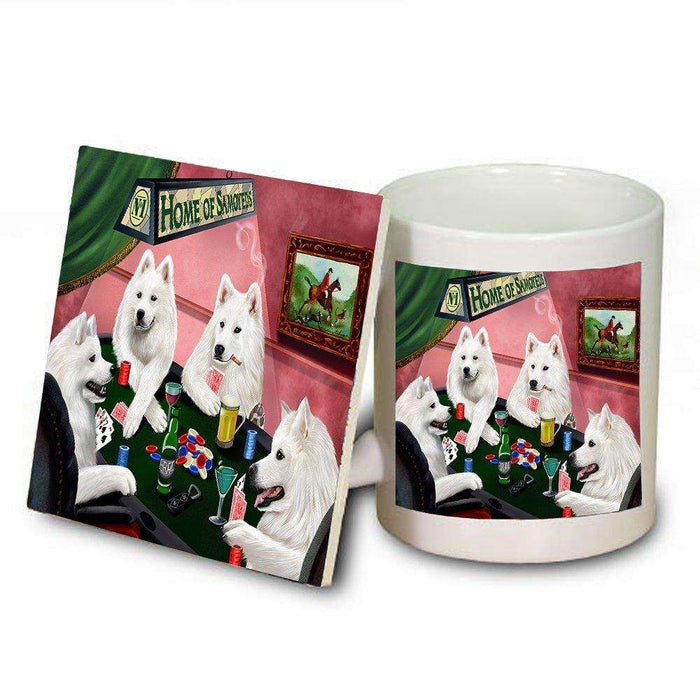 Home of Samoyed 4 Dogs Playing Poker Mug and Coaster Set