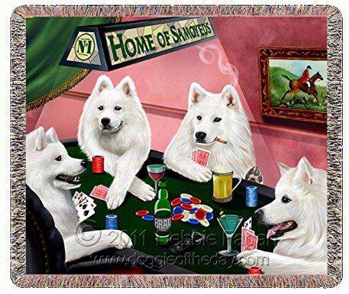 Home of Samoyed's Woven Throw Blanket 4 Dogs Playing Poker 54 x 38