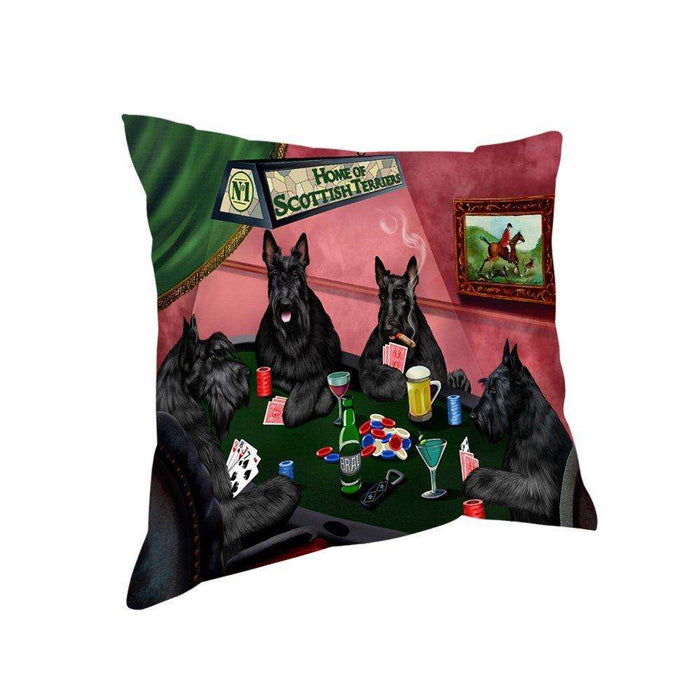 Home of Scottish Terriers 4 Dogs Playing Poker Throw Pillow