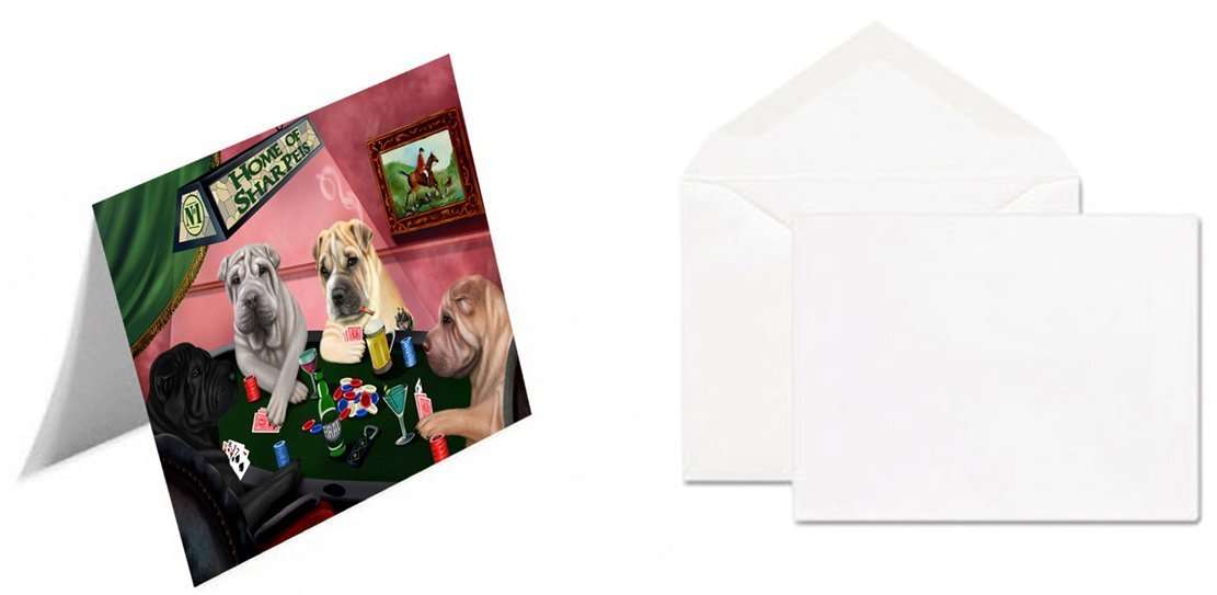 Home of Shar Pei 4 Dogs Playing Poker Handmade Artwork Assorted Pets Greeting Cards and Note Cards with Envelopes for All Occasions and Holiday Seasons