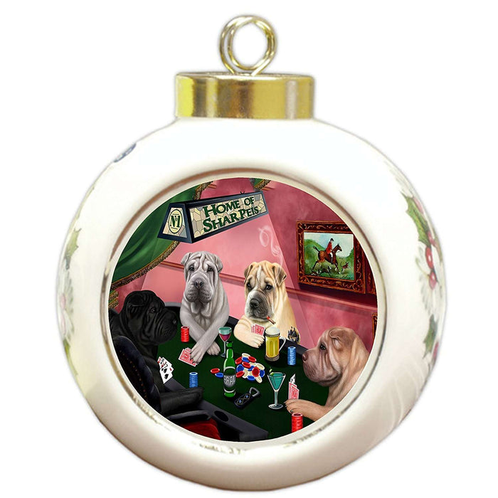 Home of Shar Pei 4 Dogs Playing Poker Round Ball Christmas Ornament