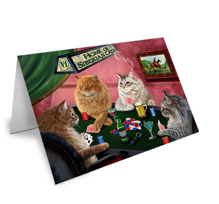 Home of Siberian 4 Cats Playing Poker Handmade Artwork Assorted Pets Greeting Cards and Note Cards with Envelopes for All Occasions and Holiday Seasons GCD67076