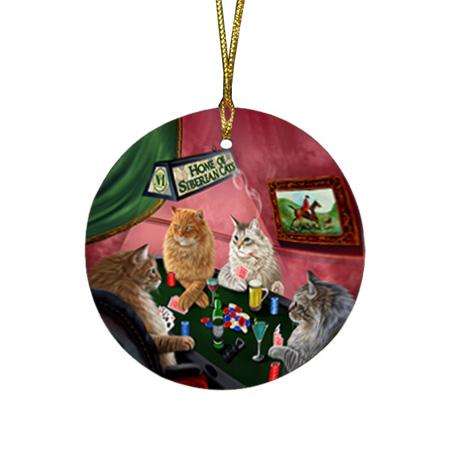 Home of Siberian 4 Cats Playing Poker Round Flat Christmas Ornament RFPOR54340