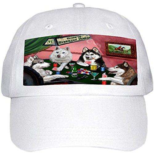 Home of Siberian Husky 4 Dogs Playing Poker Hat White