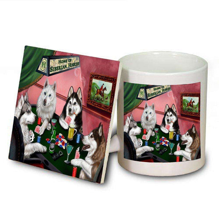 Home of Siberian Husky 4 Dogs Playing Poker Mug and Coaster Set