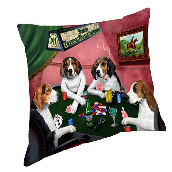 Home of Treeing Walker Coonhounds 4 Dogs Playing Poker Throw Pillow