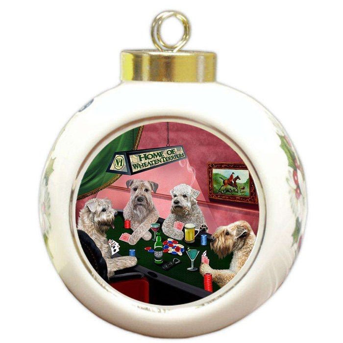 Home of Wheaten Terriers 4 Dogs Playing Poker Round Ball Christmas Ornament