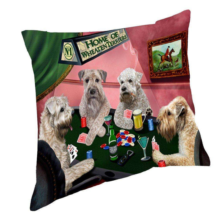 Home of Wheaten Terriers 4 Dogs Playing Poker Throw Pillow