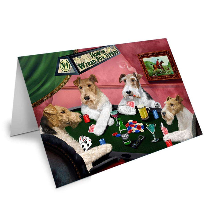 Home of Wire Fox Terrier 4 Dogs Playing Poker Handmade Artwork Assorted Pets Greeting Cards and Note Cards with Envelopes for All Occasions and Holiday Seasons GCD67079