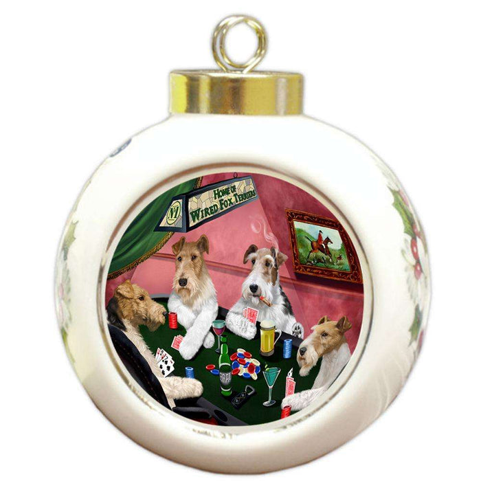 Home of Wire Fox Terrier 4 Dogs Playing Poker Round Ball Christmas Ornament RBPOR54350