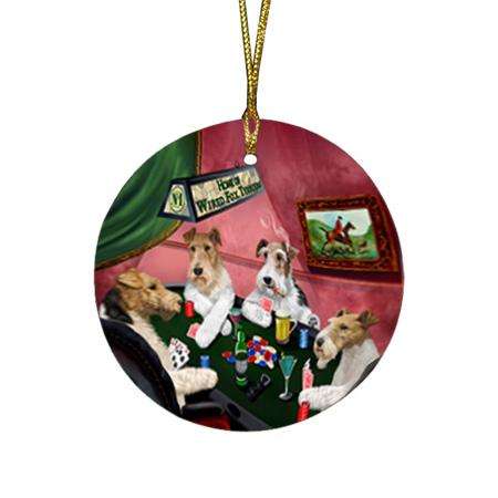 Home of Wire Fox Terrier 4 Dogs Playing Poker Round Flat Christmas Ornament RFPOR54341