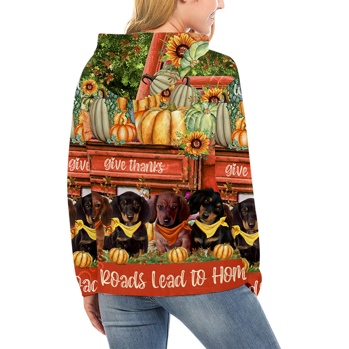 All Roads Lead to Home Orange Truck Harvest Fall Pumpkin Dachshund Dog on High Neck Pullover Women's Hoodie