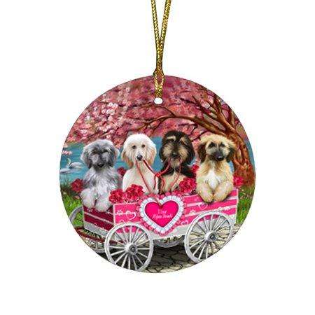 I Love Afghan Hounds Dog in a Cart Round Christmas Ornament RFPOR48128
