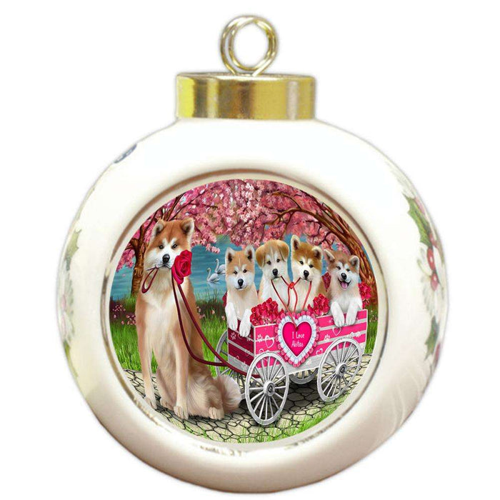 I Love Akitas Dog in a Cart Round Ball Christmas Ornament RBPOR51696