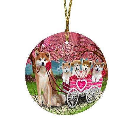 I Love Akitas Dog in a Cart Round Flat Christmas Ornament RFPOR51687