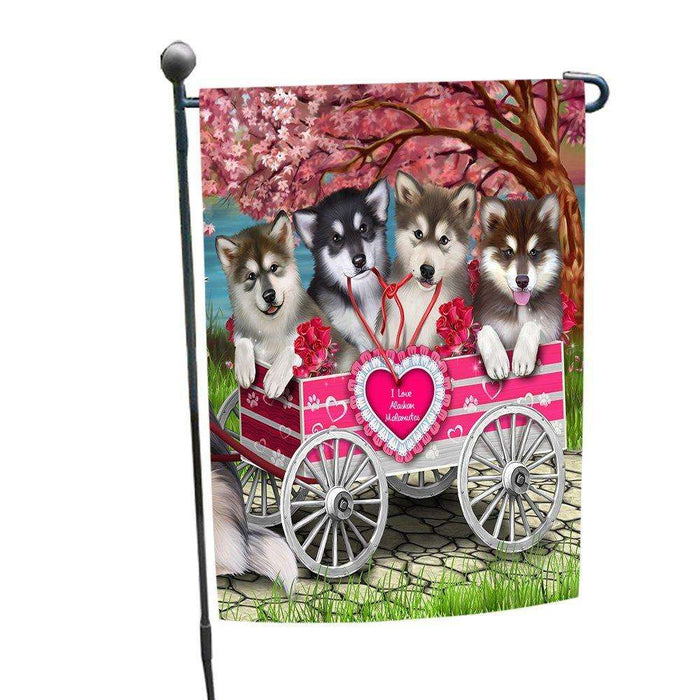 I Love Alaskan Malamute Dogs in a Cart Garden Flag