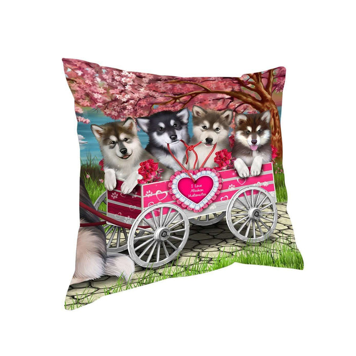 I Love Alaskan Malamute Dogs in a Cart Throw Pillow D064