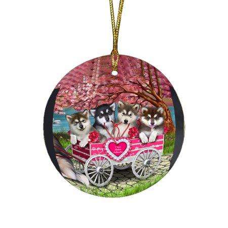 I Love Alaskan Malamutes Dog in a Cart Round Christmas Ornament RFPOR48554