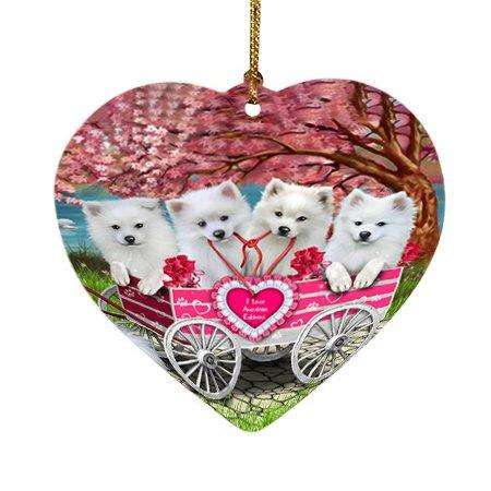 I Love American Eskimos Dog in a Cart Heart Christmas Ornament HPOR48564