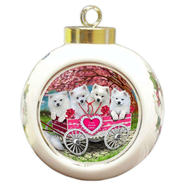 I Love American Eskimos Dog in a Cart Round Ball Christmas Ornament RBPOR48551