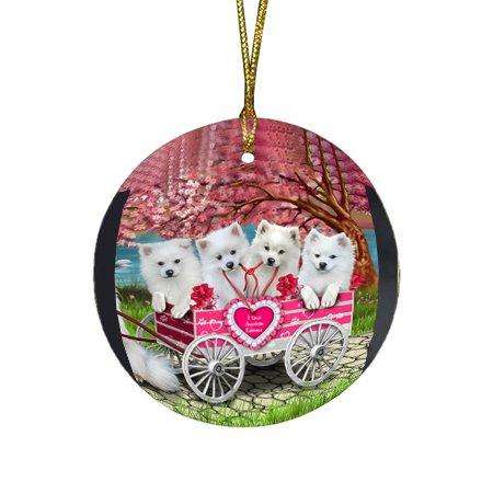 I Love American Eskimos Dog in a Cart Round Christmas Ornament RFPOR48555
