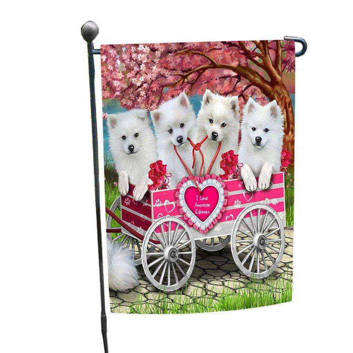 I Love American Eskimos Dogs in a Cart Garden Flag