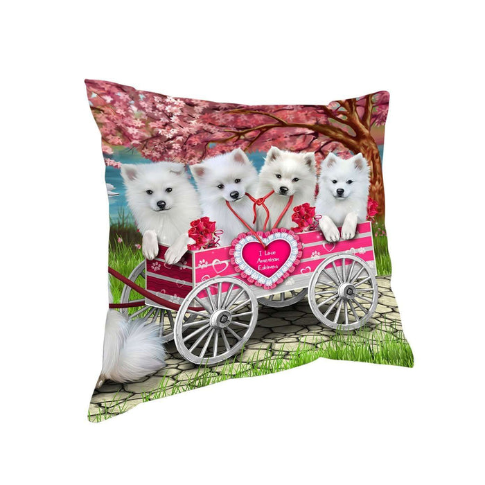 I Love American Eskimos Dogs in a Cart Throw Pillow D065