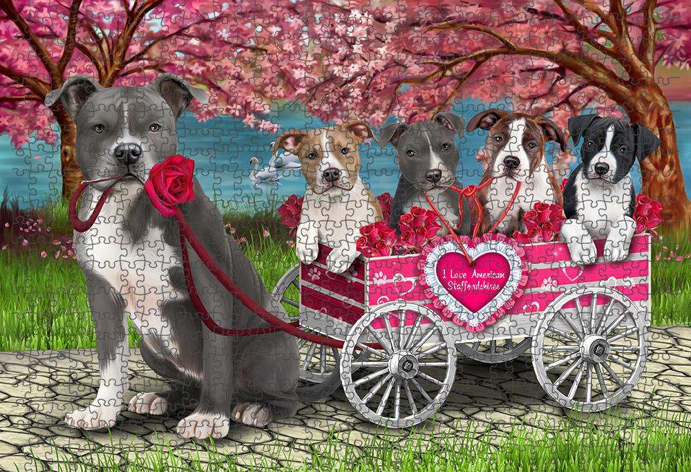 I Love American Staffordshire Terriers Dog Cat in a Cart Puzzle with Photo Tin PUZL59178