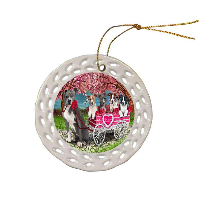 I Love American Staffordshire Terriers Dog in a Cart Ceramic Doily Ornament DPOR51697