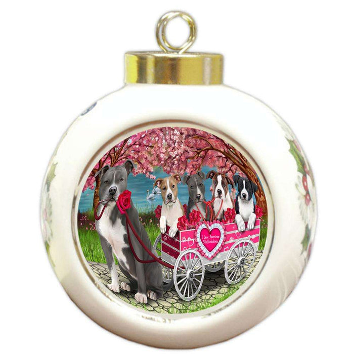 I Love American Staffordshire Terriers Dog in a Cart Round Ball Christmas Ornament RBPOR51697