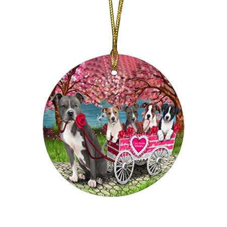 I Love American Staffordshire Terriers Dog in a Cart Round Flat Christmas Ornament RFPOR51688