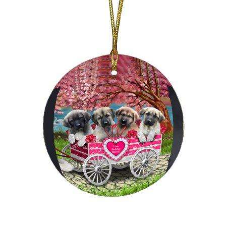 I Love Anatolian Shepherds Dog in a Cart Round Christmas Ornament RFPOR48556