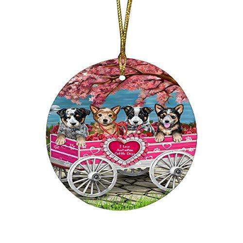 I Love Australian Cattle Dogs in a Cart Round Christmas Ornament
